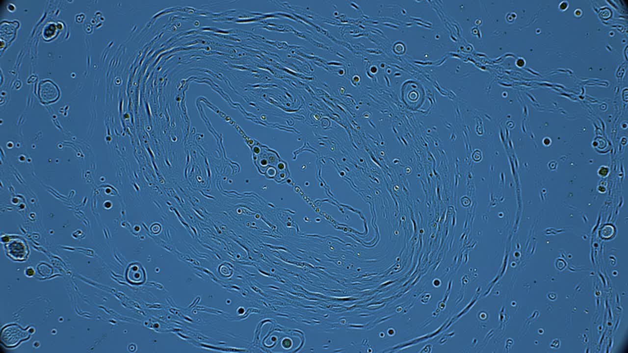 The fascinating movement of particles in a liquid, creating dynamic swirling patterns under a microscope. The observation takes place in a laboratory setting.