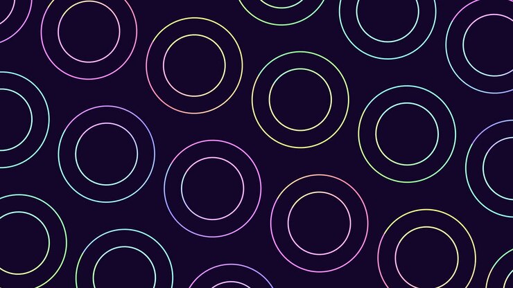 Mønster af neon regnbueringe i rækker på sort gradient