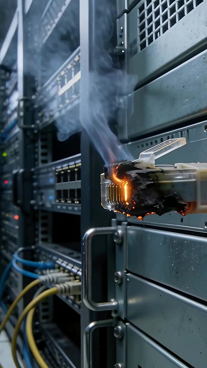 Vertical video: Shorting RJ45 plug melting and smoking in IT rack with LEDs, copy space