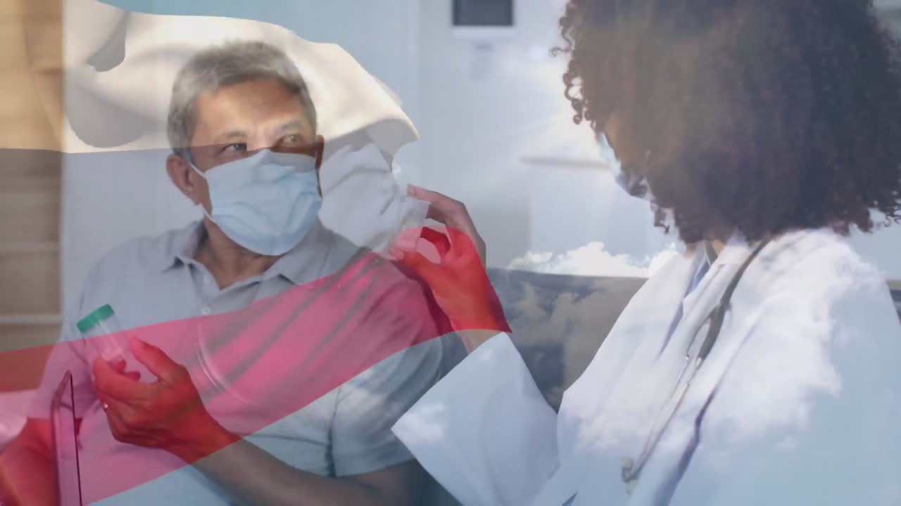 animación de la bandera de rusia sobre una mujer médica afroamericana con vacuna