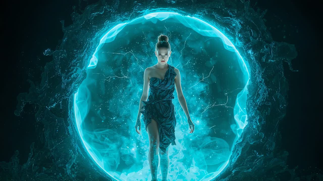 Mujer con vestido de un solo hombro caminando a través de un portal cian en una cueva mientras el portal emite niebla