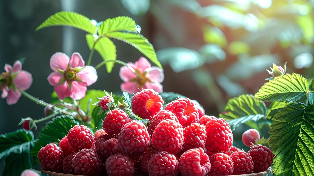 Fresh ripe red raspberries in a bowl with flowers. Close up of a heap of red raspberries in a bowl with green leaves and pink blossoms under soft sunlight.
