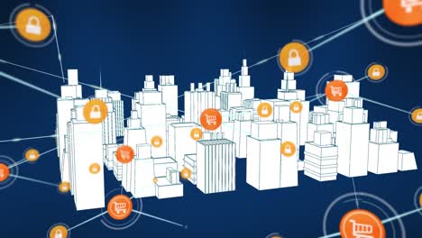 Animation of network of connections with icons over digital city on black background