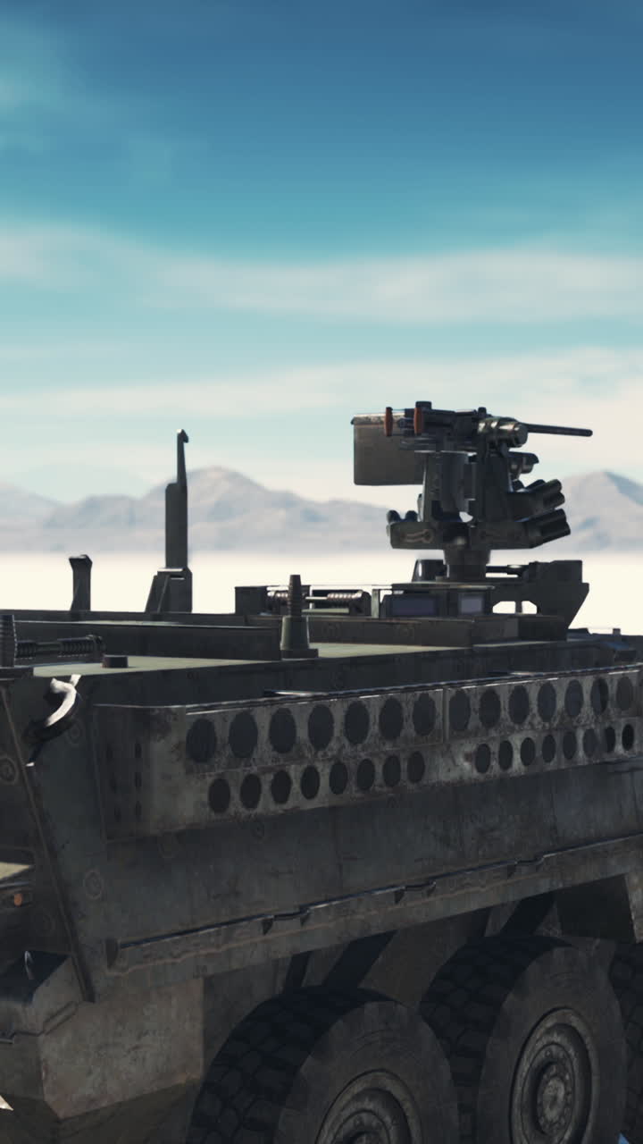 사막 풍경에서 군사 장갑 차량