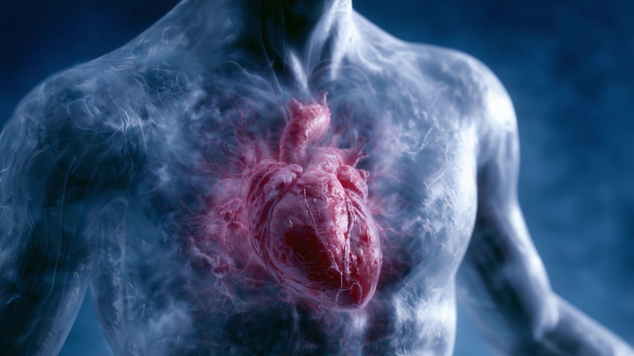 Una Straordinaria Rappresentazione Visiva del Cuore Umano che Pulsa All'interno di un Corpo Traslucido, Mostrando le Complessità dell'Anatomia e dell'Emozione Umana Attraverso Immagini Vivide