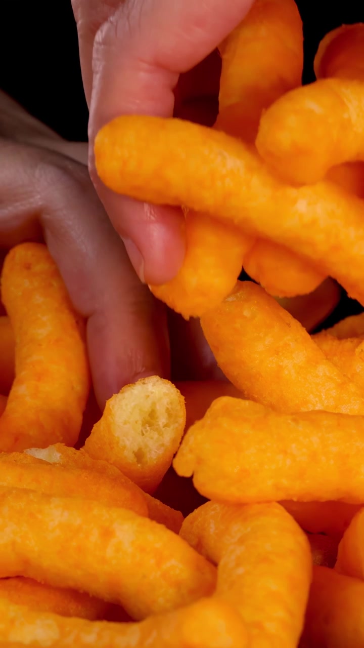 A human hand reaches into a pile of cheese puffs, grasping and lifting one under bright, even lighting against a clean black background