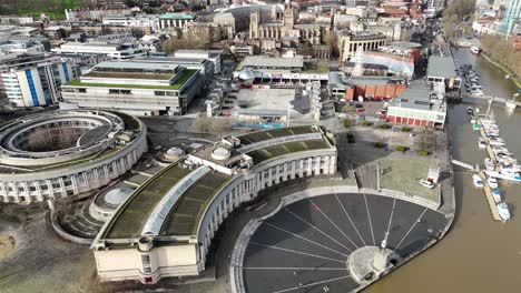 Lloyds-Amphitheatre,-bristol-city-centre-pull-back-drone-aerial-reverse-reveal