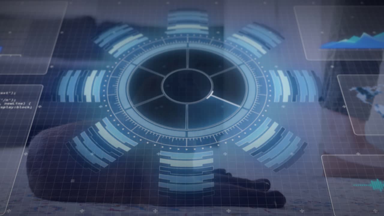 Gloved hand sliding in and summoning rotating holographic tech chart with data panels for analysis