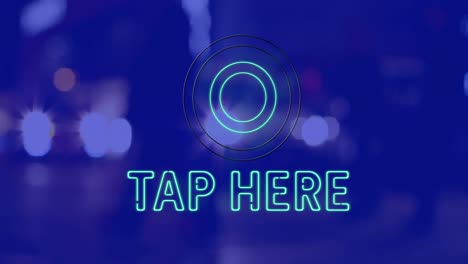 animación de toque aquí texto sobre el paisaje urbano por la noche sobre fondo azul
