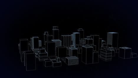 animation of 3d cityscape spinning over networks of connections on black background