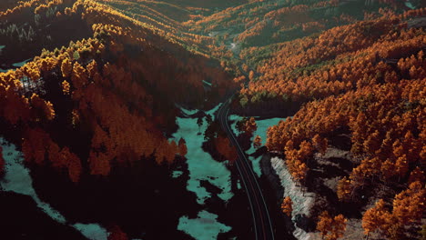 aerial view of a winding road through a fall forest