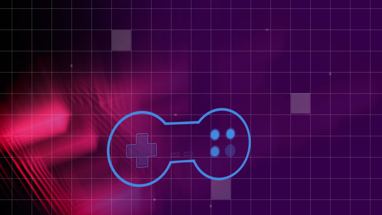 보라색 배경에 추상적인 모양에 대한 그리드 네트워크를 통해 비디오 게임 컨트롤러 아이콘