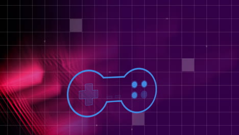 icono del controlador de videojuego sobre la red de cuadrícula contra formas abstractas en fondo púrpura
