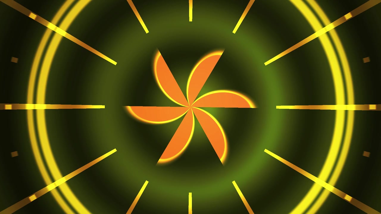 Motivo floreale geometrico astratto rotante con luce verde e arancione incandescente