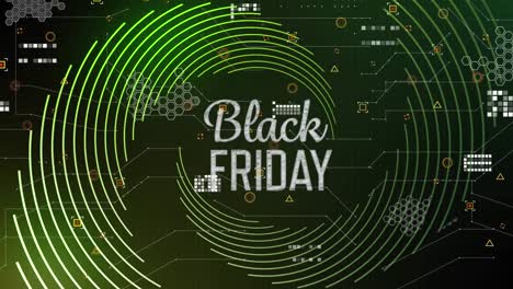 Animation-Eines-Black-Friday-Textbanners-über-Lichtspuren-Und-Datenverarbeitung-Vor-Grünem-Hintergrund
