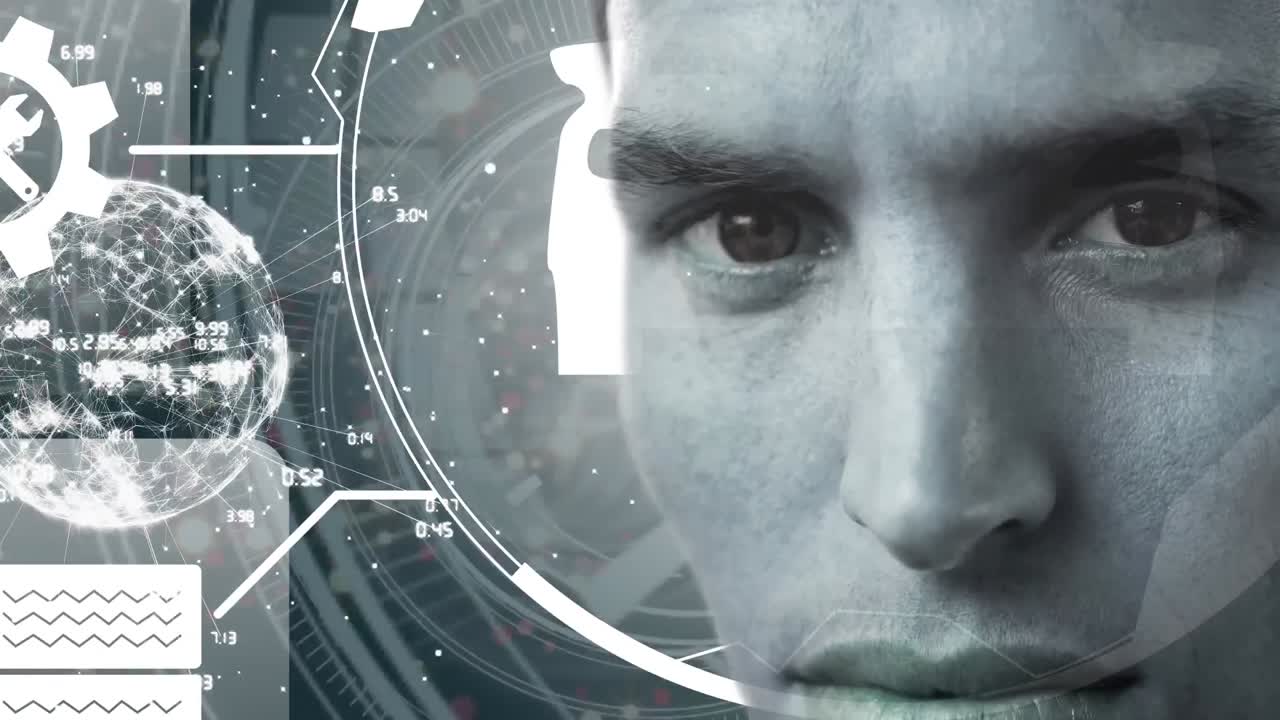 animación del globo con una red de conexiones sobre la cara del hombre