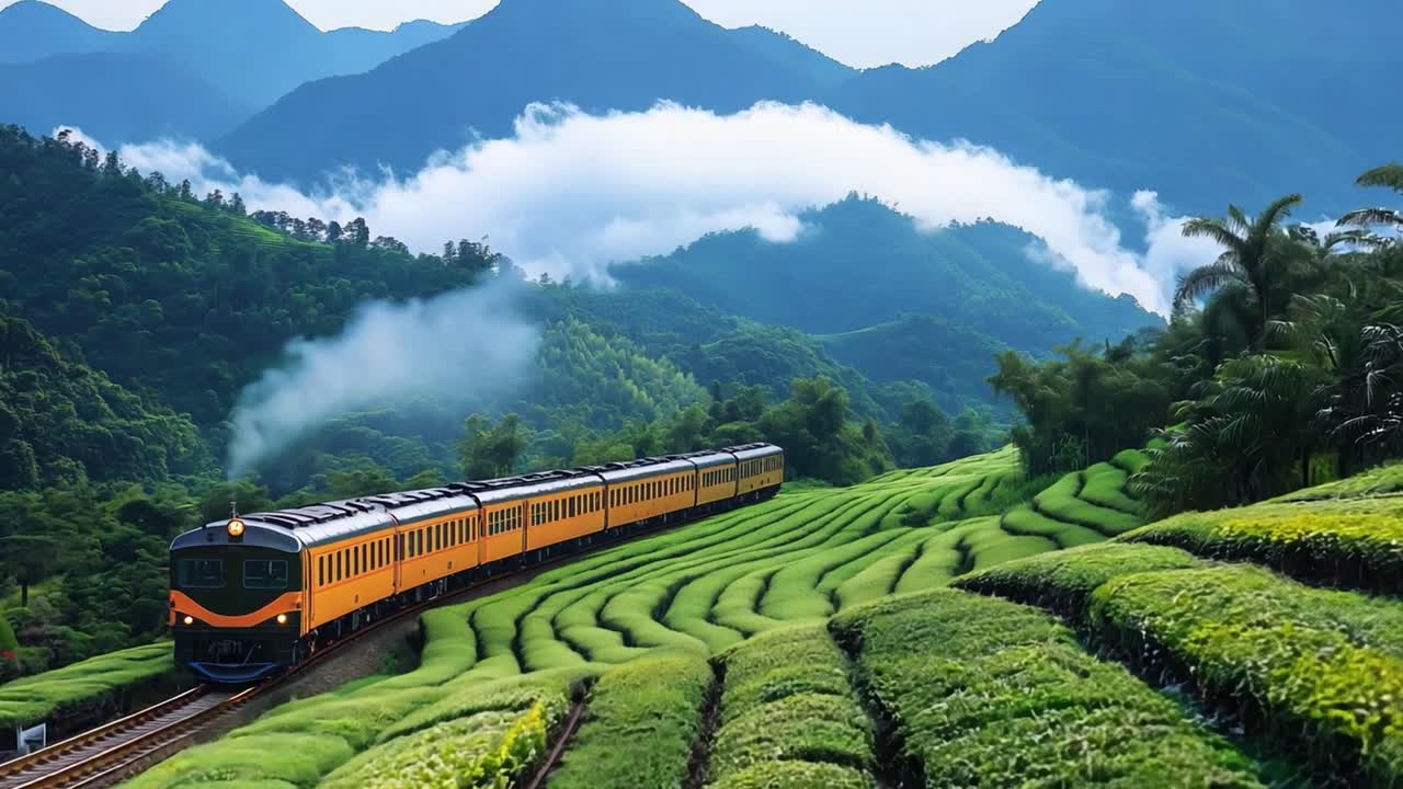 Train traveling through tea plantation with mountain backdrop