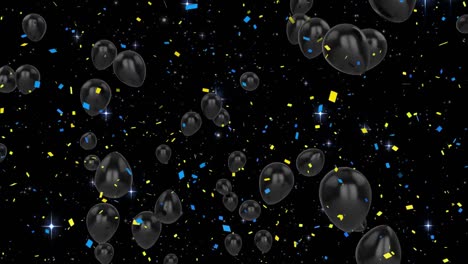 animation of confetti falling and black balloons flying on black background