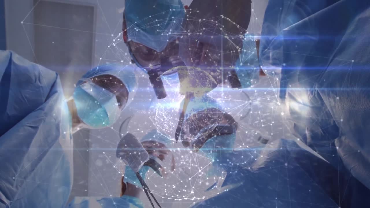 Animace glóbu se sítí spojení nad chirurgy v operačním sále