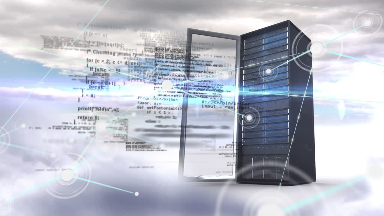 Animation of cpu with moving computer language and dots interconnecting with lines against clouds