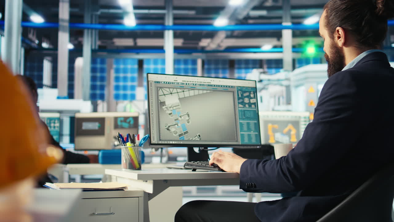 uomo in fabbrica di fotovoltaica monitoraggio delle prestazioni del sistema sullo schermo del pc