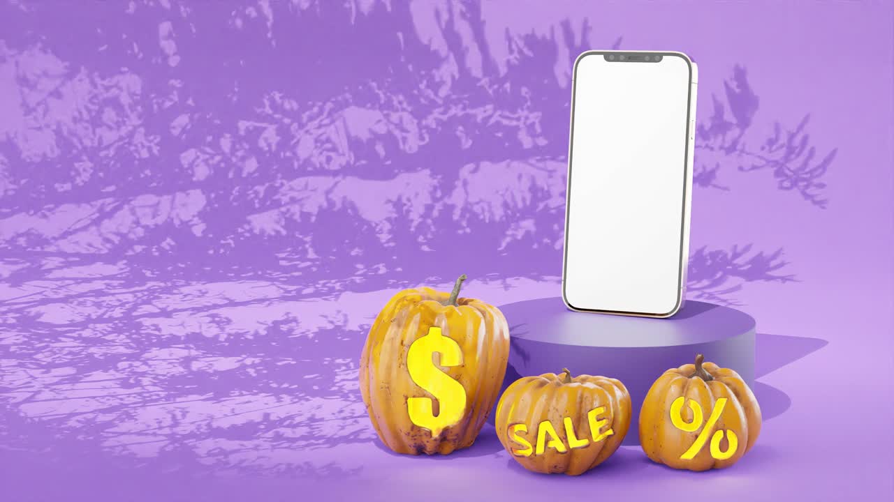 campaña publicitaria de venta de halloween con teléfono celular en el podio y calabazas