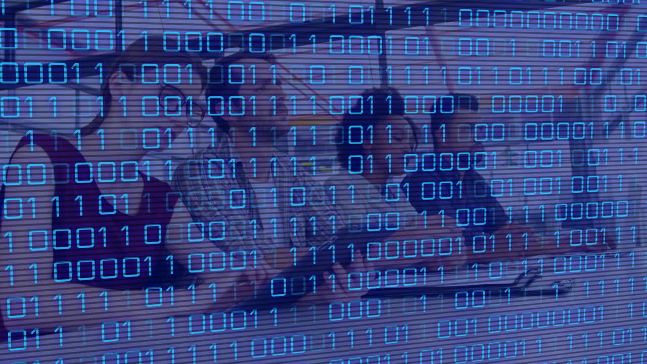 Animation of binary code over diverse female and male coworkers in office