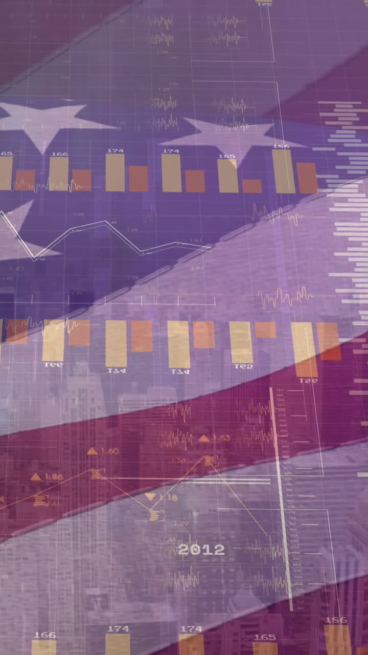 animación del procesamiento de datos financieros sobre señales de tráfico, bandera de los estados unidos y paisaje urbano