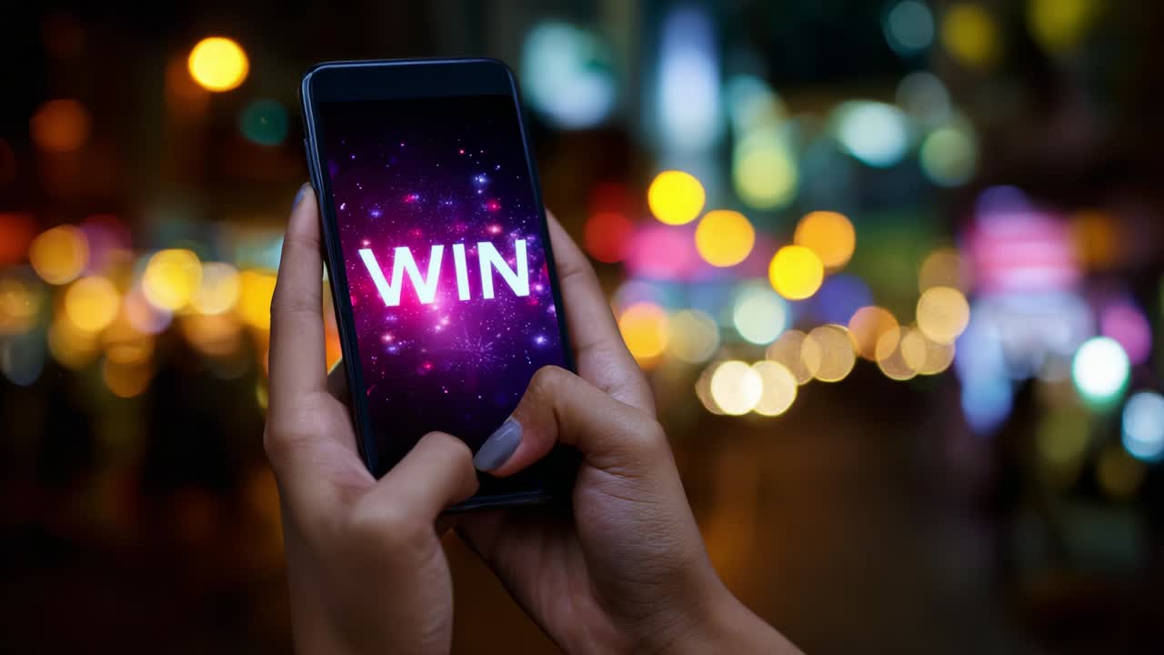 Captivating Moment as User Celebrates a Victory on a Smartphone with a Vibrant Background, Highlighting the Word 'WIN' in Sparkling Letters Amidst a Colorful Bokeh Setting