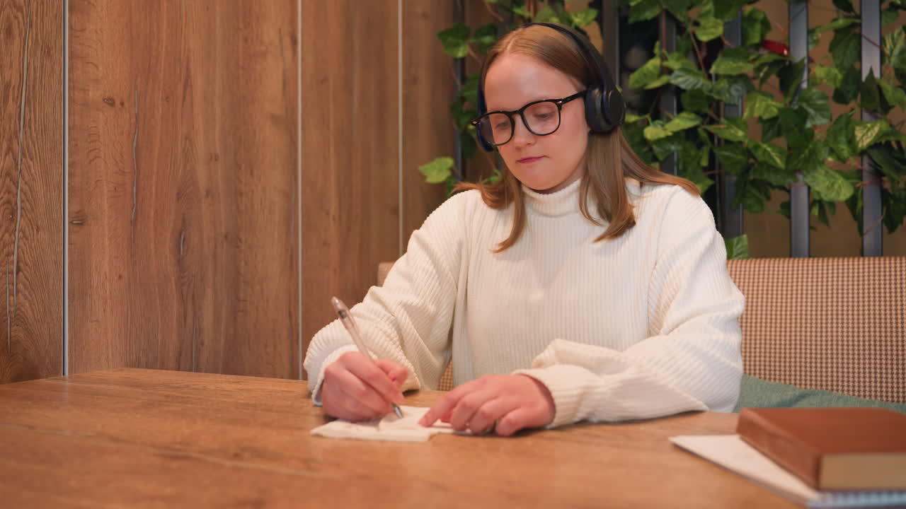 Woman with glasses and black headphones writes on napkin while enjoying music, seated at wooden table with book and notebook nearby, cozy background