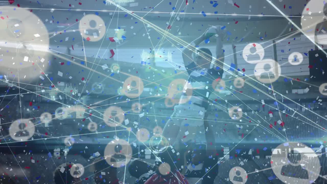 Animation of network of connections and confetti over diverse male soccer players