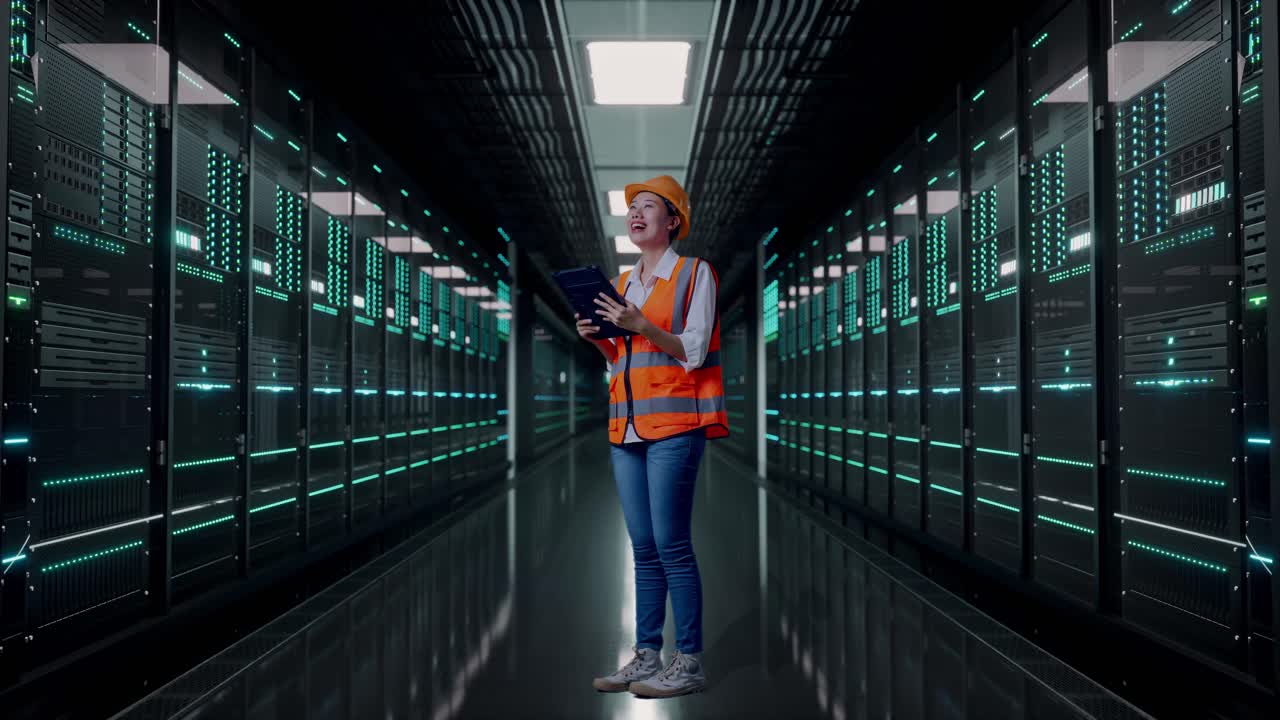 Full Body Side View Of Asian Female Engineer With Safety Helmet Looking At The Tablet In Her Hand And Looking Around While Standing in Server Room Data Center