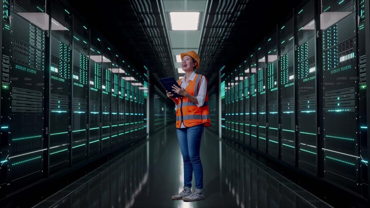 Veduta laterale a figura intera di un'ingegnera asiatica con casco di sicurezza, che guarda il tablet che tiene in mano e si guarda intorno mentre sta in piedi in una sala server di un data center.