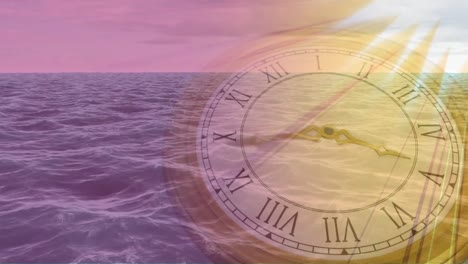 Animation-of-sun-shining,-sea-over-clock-ticking