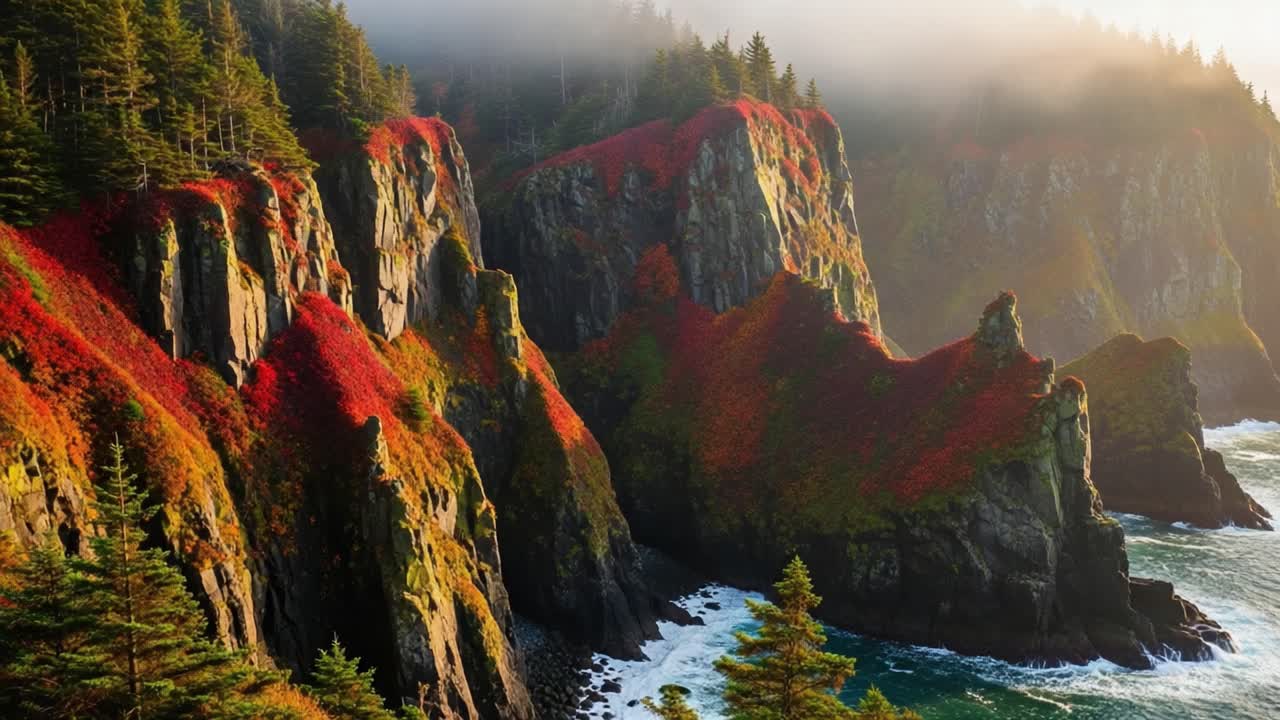 Breathtaking Coastal Cliffs Adorned With Autumn Foliage Under Soft Morning Fog, Highlighting Nature's Majestic Beauty and Serenity in the Wilderness