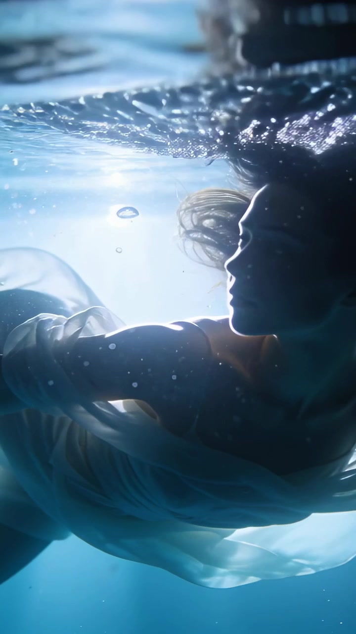 Vídeo vertical: Mulher exalando, flutuando sob a superfície da piscina, posando com vestido transparente e bolhas.