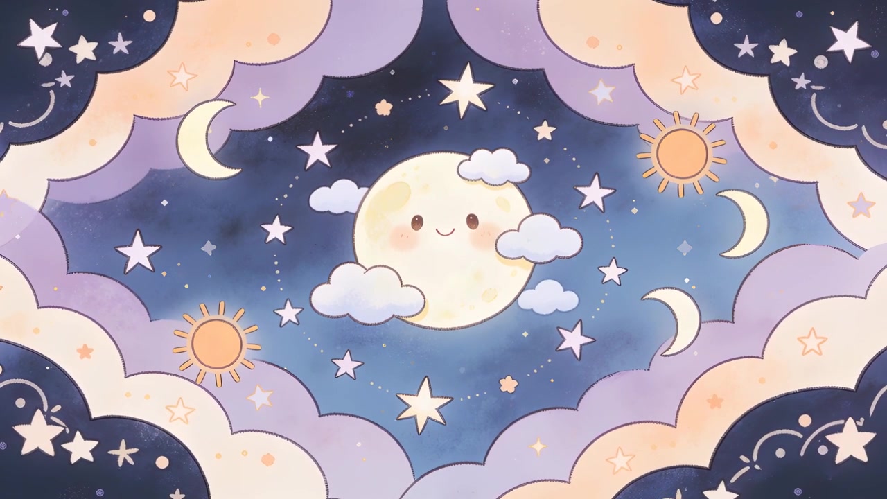 Loop starting smiling moon with rosy cheeks orbiting ring and drifting clouds at nursery for sleep