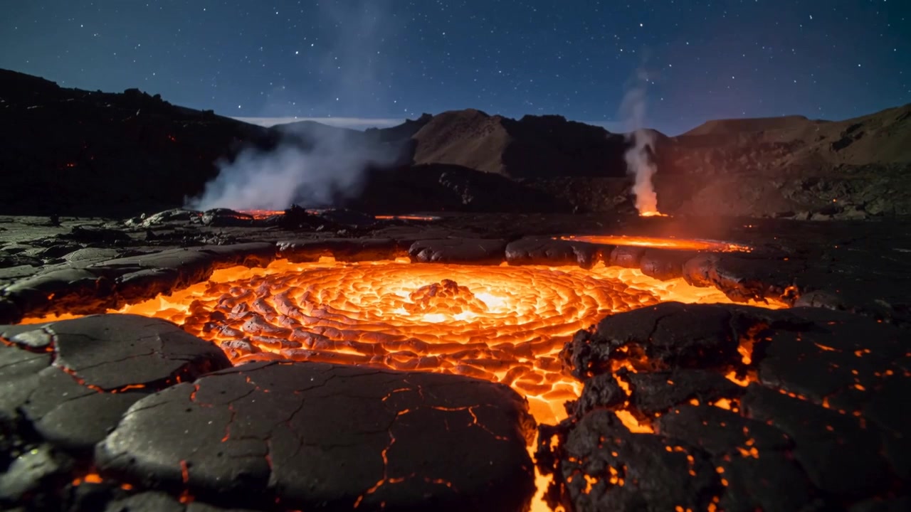 Swirling molten lava pool intensifying at crater floor, magma upwelling driving fissures and vents