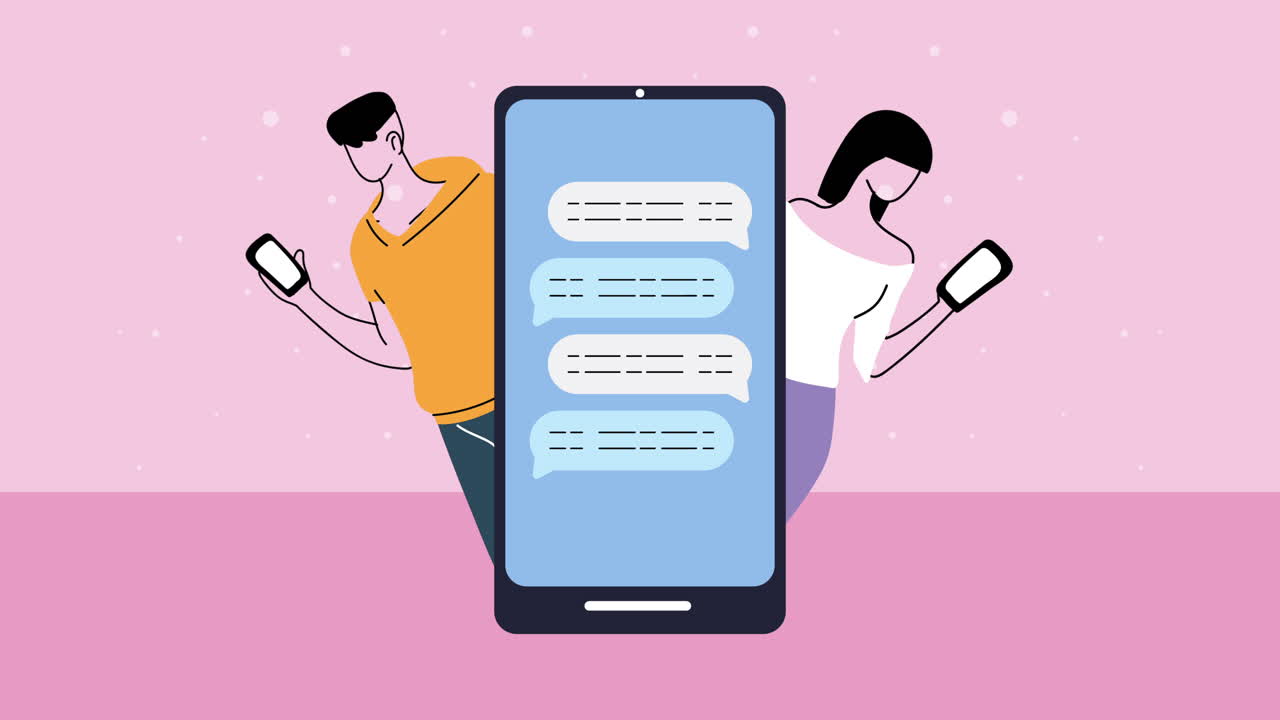 giovane coppia di amanti personaggi con smartphone