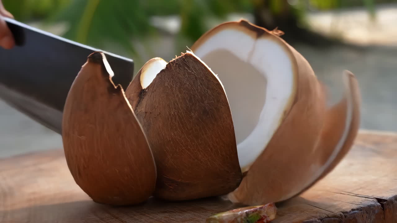 Fresh coconut water spilling from a cracked coconut