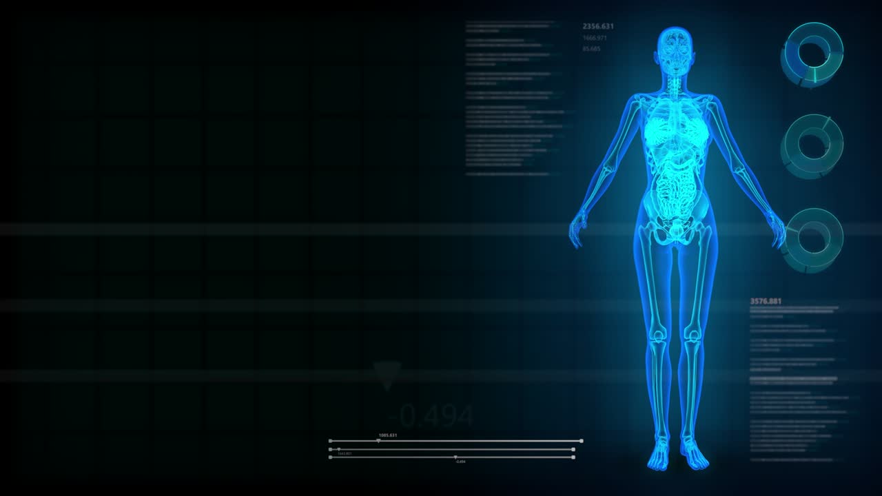 Healthcare seamless looping background with x-ray human body and digital text effects for overlay or backdrop use with place for yor objects - 4K 60fps UHD 3D animation