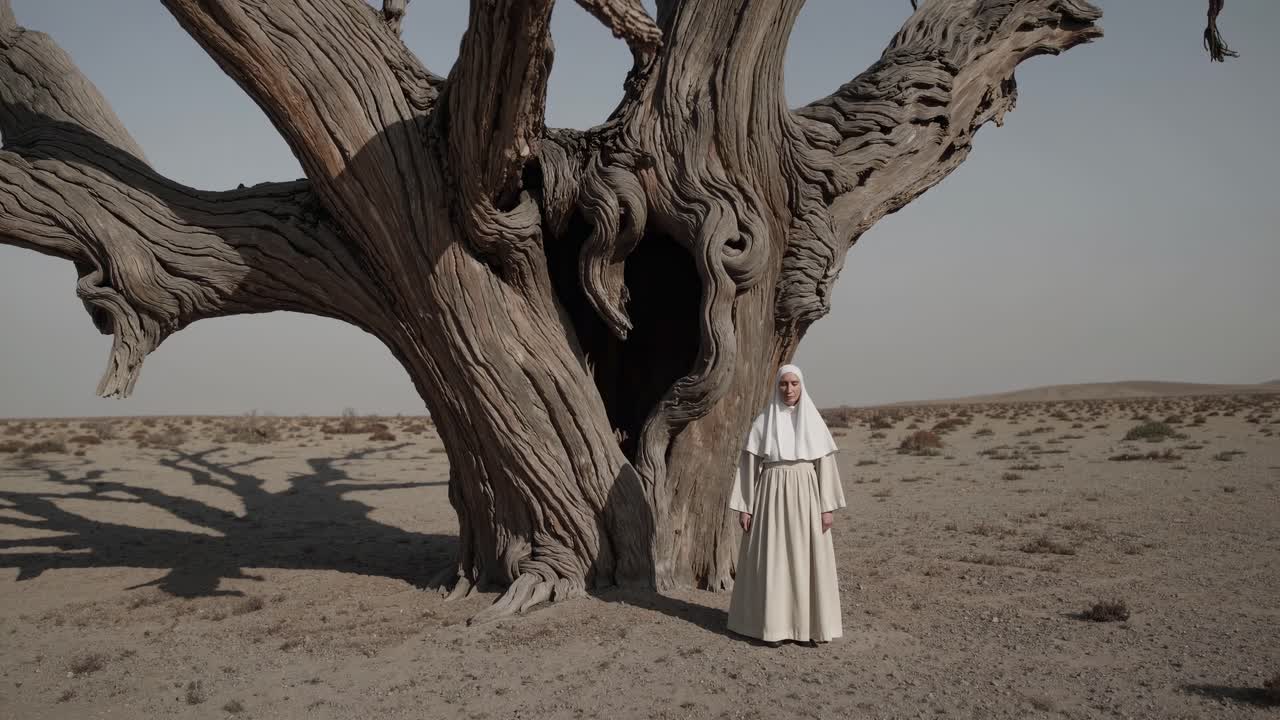 Individual in white attire stands before a majestic ancient tree, showcasing the serene desert landscape and the connection between nature and human presence