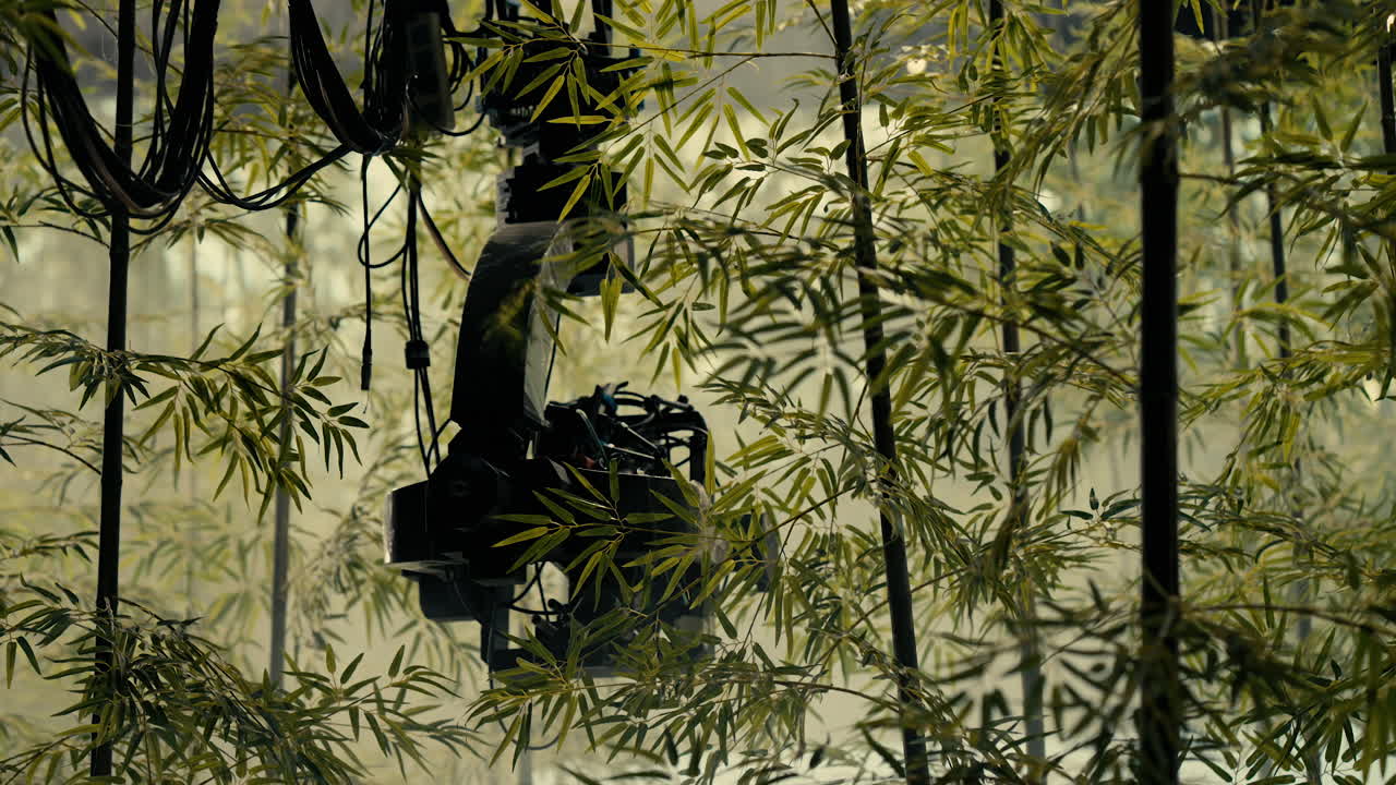 detrás de las escenas de la cámara en la grúa que pasa por el bosque de bambú en el estudio de producción cinematográfica