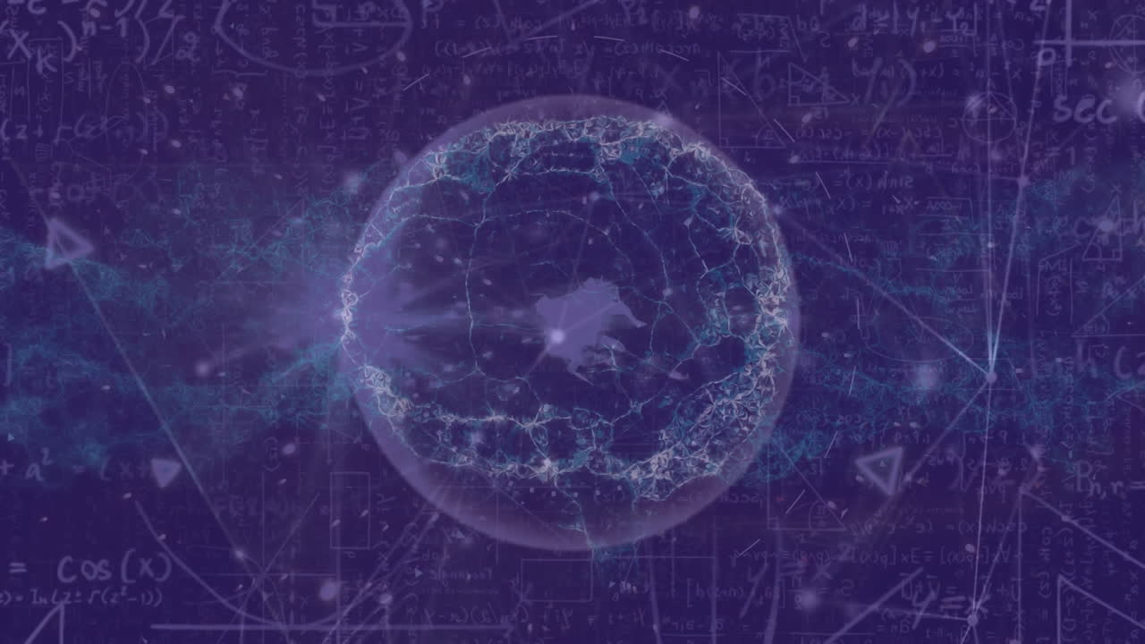 인간의 뇌와 수학적 방정식과의 연결 네트워크의 애니메이션이 파란색 배경에 있습니다.