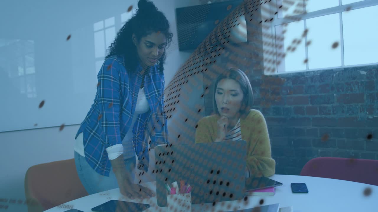 Team coming and leaning over laptop, pointing and tapping tablet, reviewing meeting, overlay moving