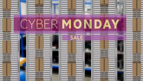 Animación-Del-Texto-De-Venta-Del-Cyber-Monday-Sobre-Cajas-De-Cartón-En-Cintas-Transportadoras.