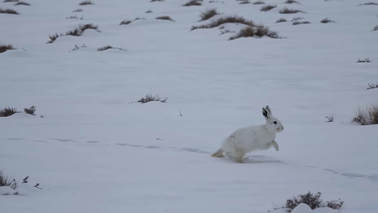 A dynamic video still of a snow hare running across a snowy landscape, captured from a side angle
