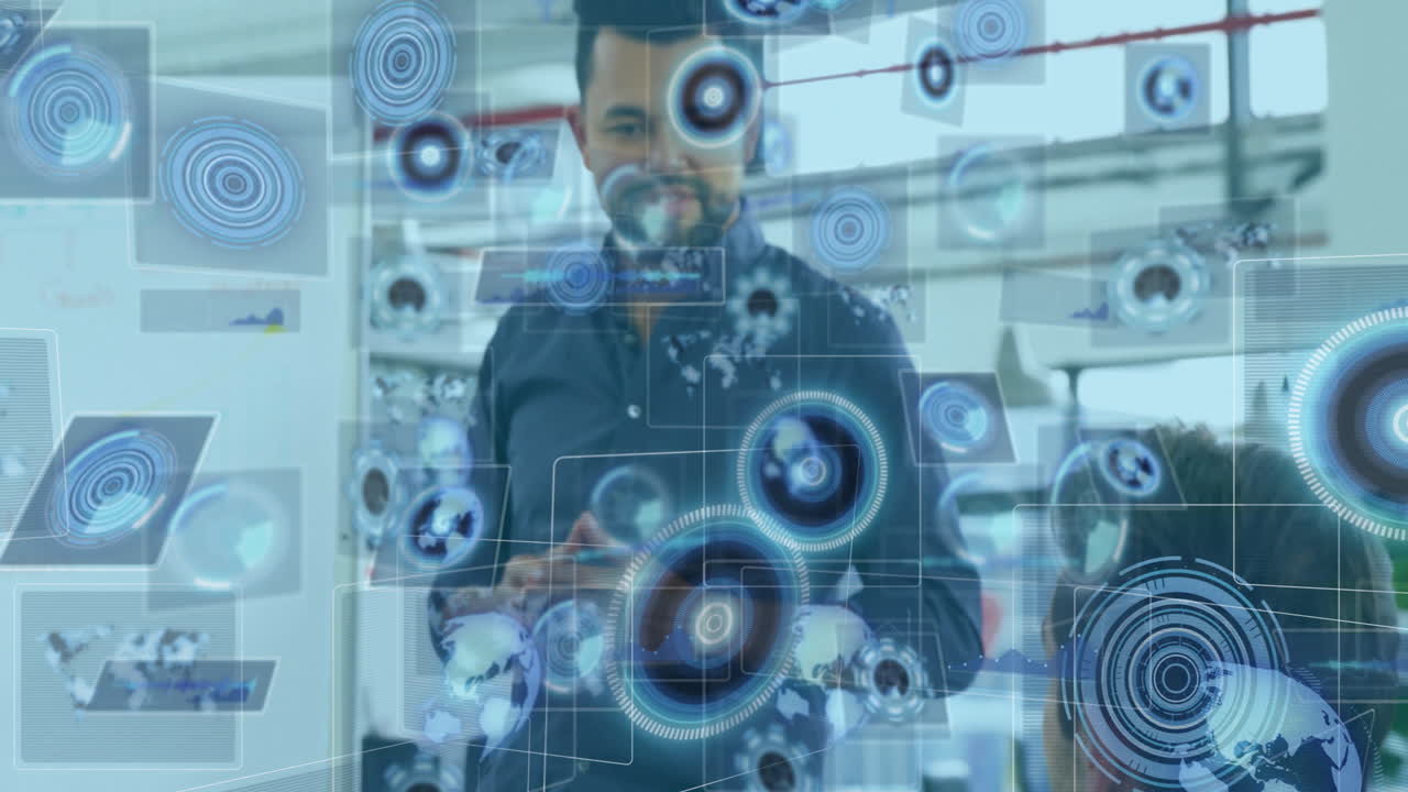 Interacting with futuristic digital animation, man exploring data and graphics in school