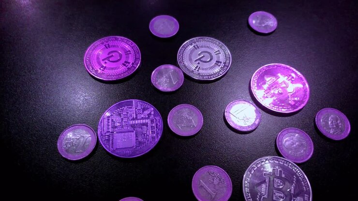 Monete Bitcoin e Polkadot mescolate a monete da un euro con tonalità verde, mercato volatile su blockchain Web 3, pagamenti digitali, riflessi di luce, primo piano in movimento verso destra, Galizia, Spagna