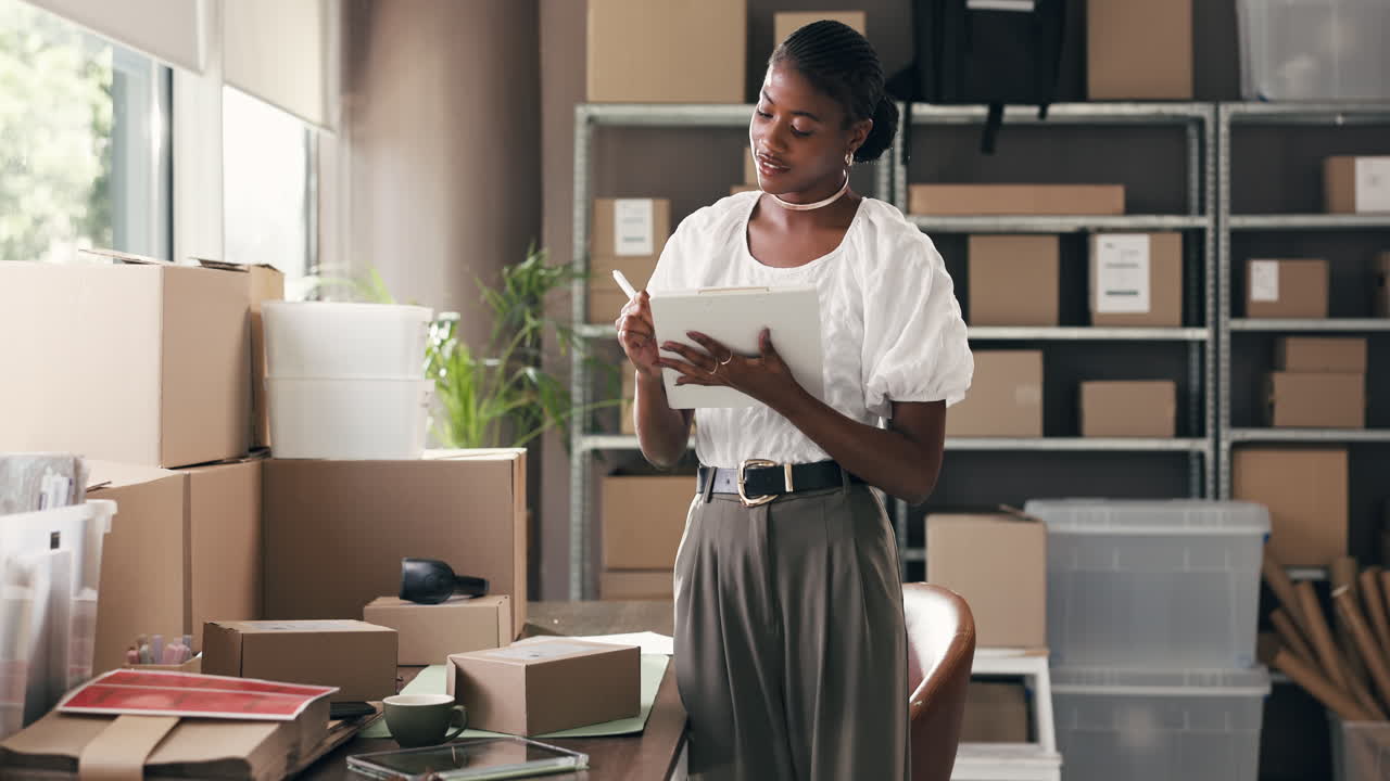 Young Black Woman Checking Inventory in Small Business Warehouse